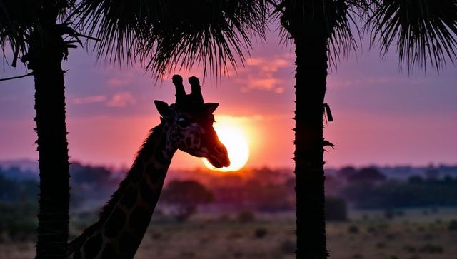 Giraffe Silhouetted Between Palm Trees at Sunset on African Savanna