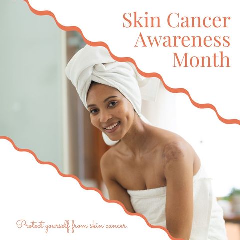 Smiling Woman in Towel Promoting Skin Cancer Awareness Month
