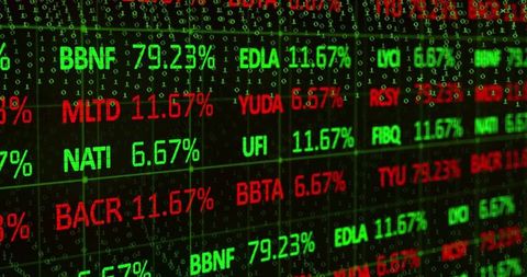 Neon led stock market ticker displaying green and red symbols with percentage change data