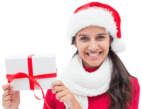 Smiling Woman Holding Christmas Gift on Transparent Background