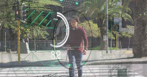 African American Man Surrounded by Digital Data Interface Outdoors