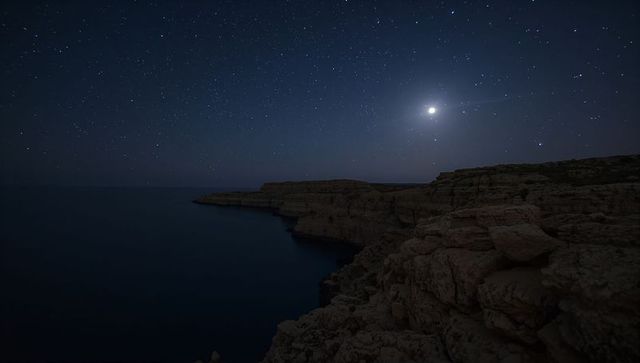 Moonlit limestone cliffs over calm sea under starry night sky, coastal dark seascape