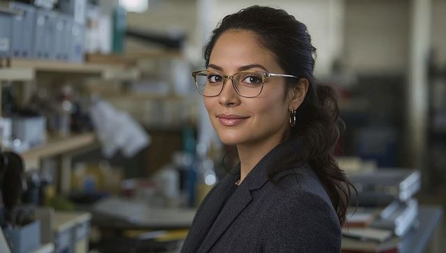 Confident female researcher wearing glasses and blazer in modern laboratory portrait