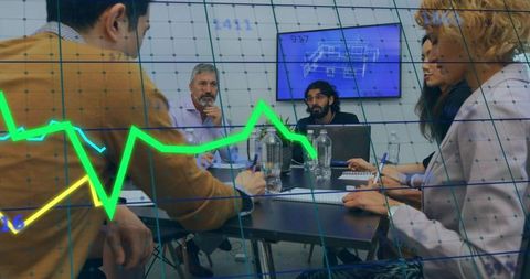 Business Team Collaborating in Boardroom Planning Strategy with Chart and Blueprint Overlay