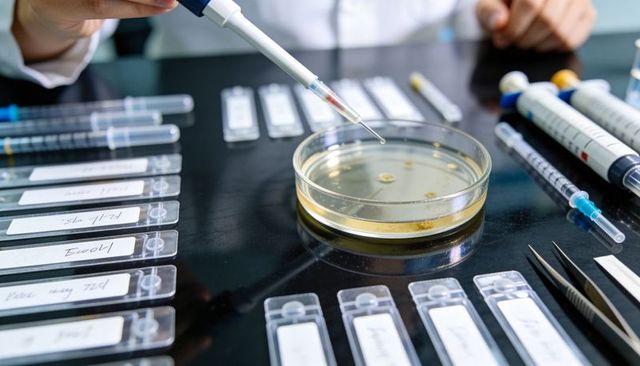 Scientist pipetting droplets onto agar petri dish with labeled slides, syringes, tweezers