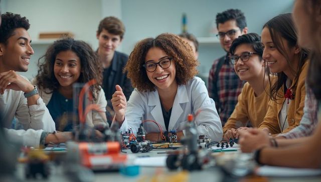 Diverse students excitedly learning robotics at hands-on workshop