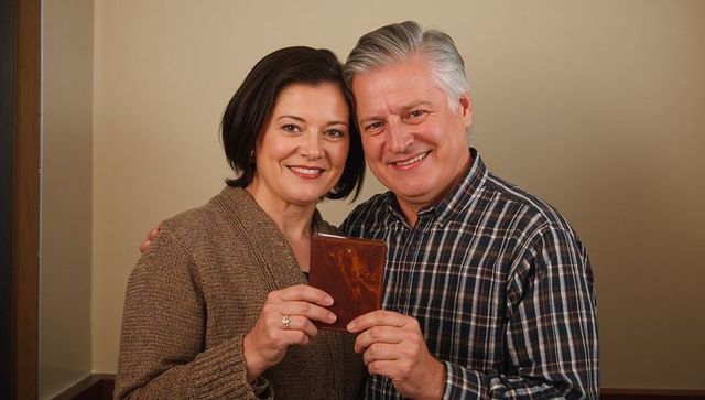 Senior couple holding vintage leather wallet celebrating marriage memory and anniversary