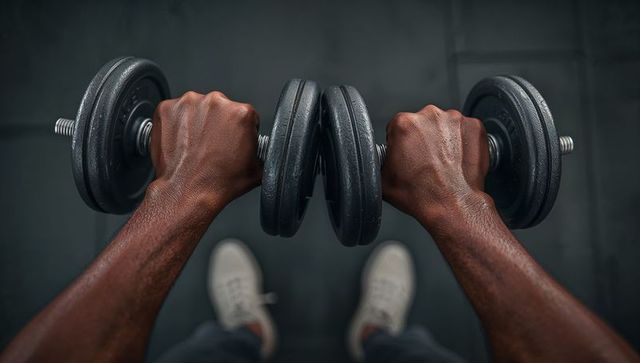 Overhead view dark-skinned hands gripping dumbbells during strength training workout