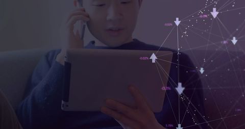 Man Multitasking with Tablet and Smartphone Amidst Global Connections Graphic