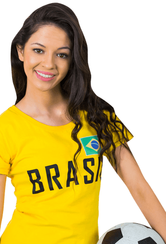 Smiling Woman in Brazil T-Shirt Holding Soccer Ball on Transparent Background