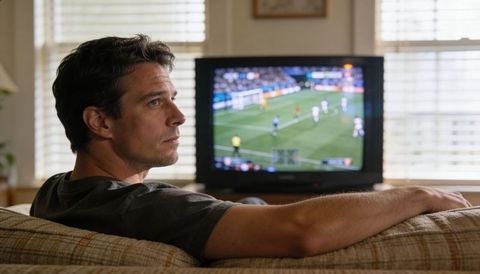 Man relaxing on plaid sofa watching live soccer match on tv in bright cozy living room