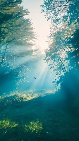 Vertical video: Sun slipping through forest canopy creating misty light shafts over glade