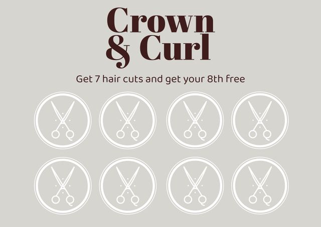 Loyalty card template designed for hair salons, featuring scissors icons representing each visit. Offers customers a free haircut after seven visits. Ideal for promoting customer retention and rewarding loyal clients in beauty and grooming businesses.