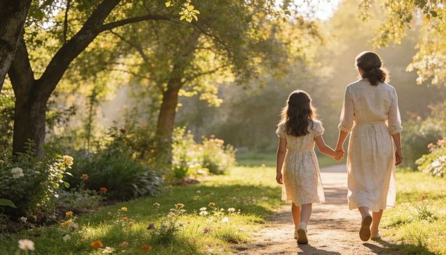 Mother and daughter walking hand in hand on sunlit garden path at golden hour among afternoon blooms