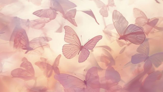 Pink butterflies floating in ethereal pastel light with translucent wings