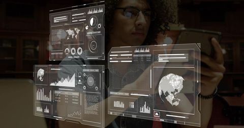 Researcher Holding Smartphone Studying with Augmented Reality Data Dashboards in Library