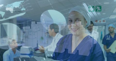 Innovative healthcare technology with medical professional and city model