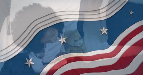 Patriotic Overlay on Child Holding Teddy Bear in Dark Room - Download Free Stock Images Pikwizard.com