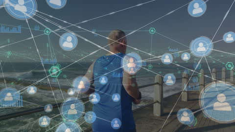 Man Running Near Ocean with Digital Network Visualization Overlay