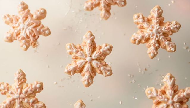 Hanging peach snowflake cookies with white icing and pastel frosting decoration