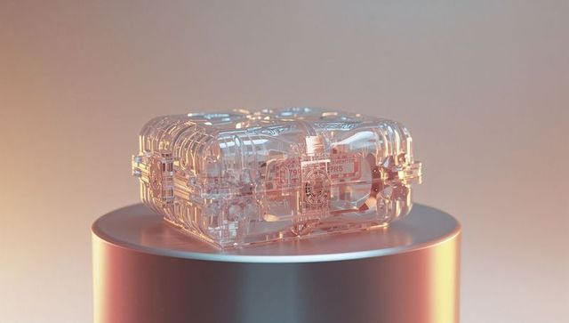 Futuristic transparent protective case on metallic stand