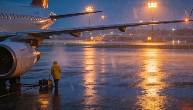 Ground crew in yellow raincoat guiding jet on rainy night runway with reflective lights