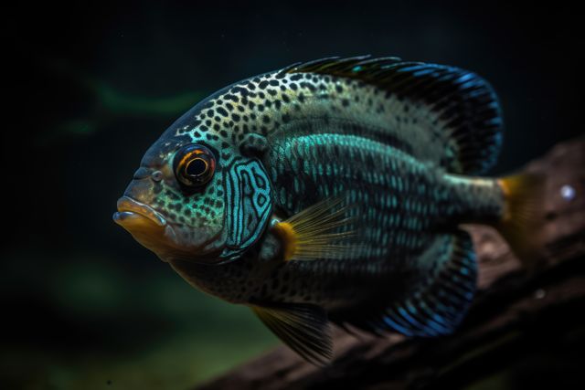 This vivid close-up captures a colorful tropical fish swimming underwater, emphasizing its detailed patterns and bright colors. Ideal for use in aquatic life documentaries, underwater photography galleries, pet store promotional materials, or educational content on marine biology.