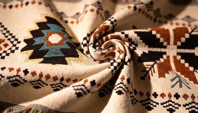 Boho tribal woven textile spiraling fold with geometric motifs, fringe, earth tones