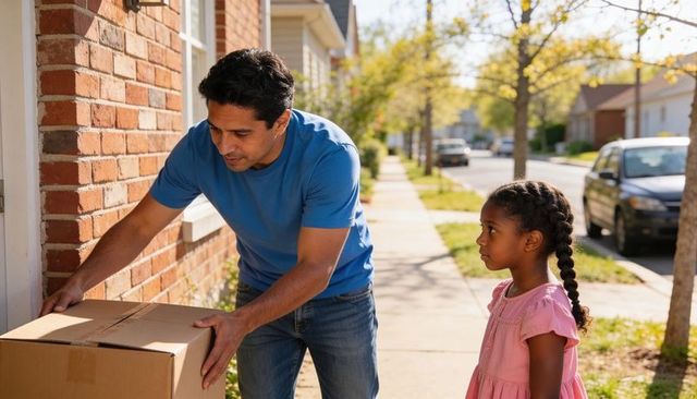 Father delivering box to home porch while daughter watches on sunny suburban sidewalk