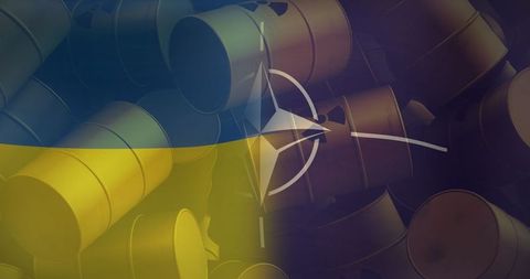 Nato and ukraine flags overlaying nuclear barrels