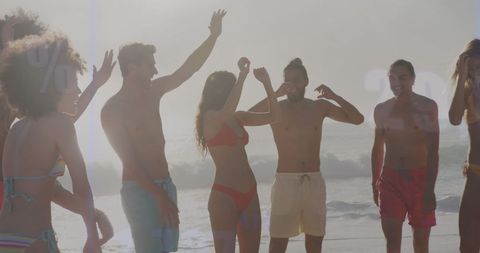 Friends Enjoying Beach Day with Digital Overlay - Download Free Stock Images Pikwizard.com