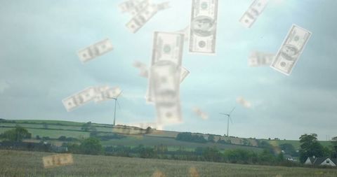 Surreal us dollar bills floating over rural eco landscape