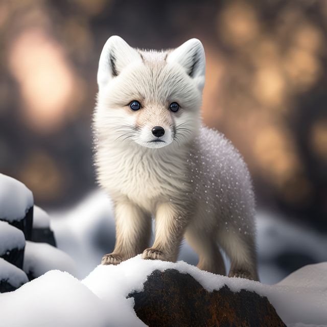 Adorable arctic fox standing on a snow-covered rock with a blurred winter background. Ideal for nature magazines, wildlife documentaries, and educational materials. Perfect for highlighting winter wildlife or promoting nature conservation.