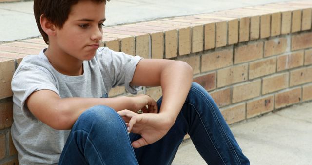 Sad Teenage Boy Sitting Against Brick Wall Outdoors - Download Free Stock Images Pikwizard.com