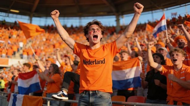 Cheering oranje fans raising fists and waving dutch flags wearing nederland shirts