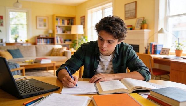 Teenager studying at home desk with laptop and textbooks in cozy living room