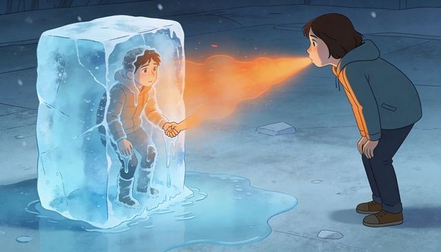 Hooded child breathing fire to free friend trapped in ice block at night
