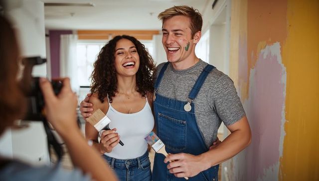 Joyful couple renovating home together in overalls with paintbrushes