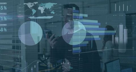 Data analytics team discussing global business statistics