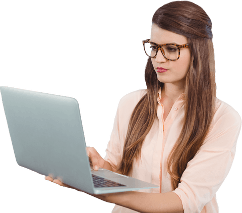 Transparent background young woman enjoying laptop technology