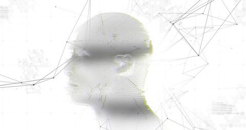 Digital human head with glowing networks and data flow