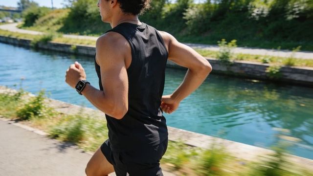 Running male athlete wearing smartwatch and black training kit along canal path on sunny run