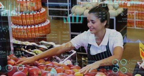 Grocery produce worker sorting apples using augmented reality retail analytics dashboard