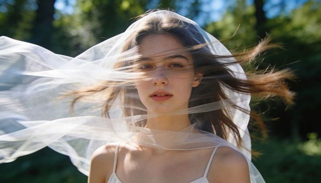 Gazing young woman wearing flowing veil and white slip dress in sunlit garden breeze