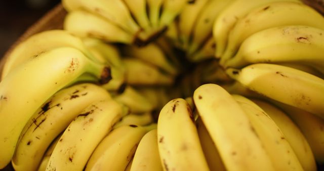 Vivid close-up of a bunch of ripe bananas with some imperfections. Perfect for uses related to healthy eating, organic produce, farmers markets, culinary publications, and recipes featuring fruit.