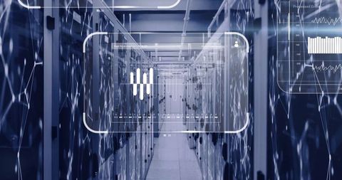 Advanced data center with futuristic digital interfaces