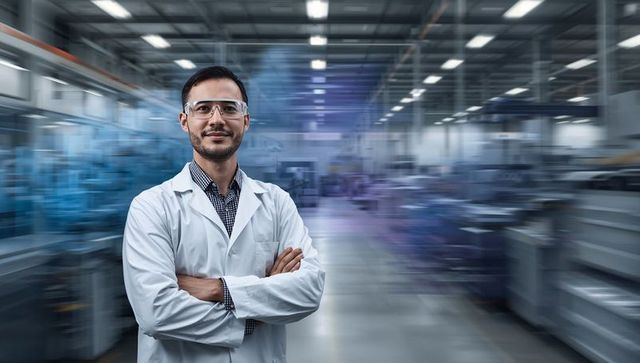 Confident Engineer Wearing Lab Coat and Safety Glasses Overseeing High-Tech Plant