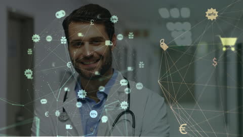 Smiling Doctor with Digital Medical Network Overlay
