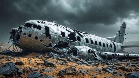 Abandoned plane crash wreckage on rugged desert terrain