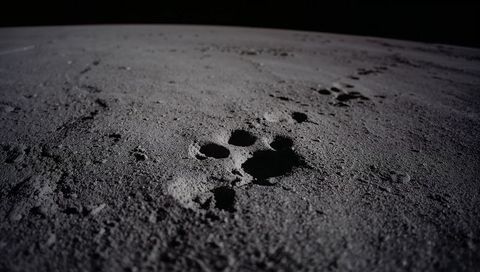 Casting long shadows: cluster of rounded lunar pits and footprints on dusty horizon